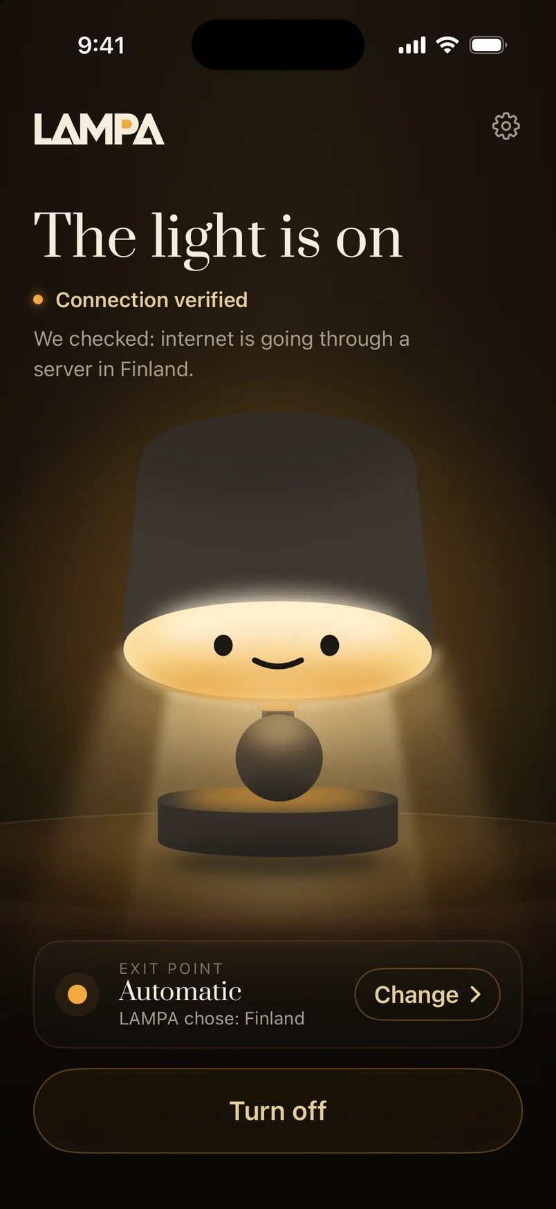 LAMPA app screen: the light is on, the connection is verified